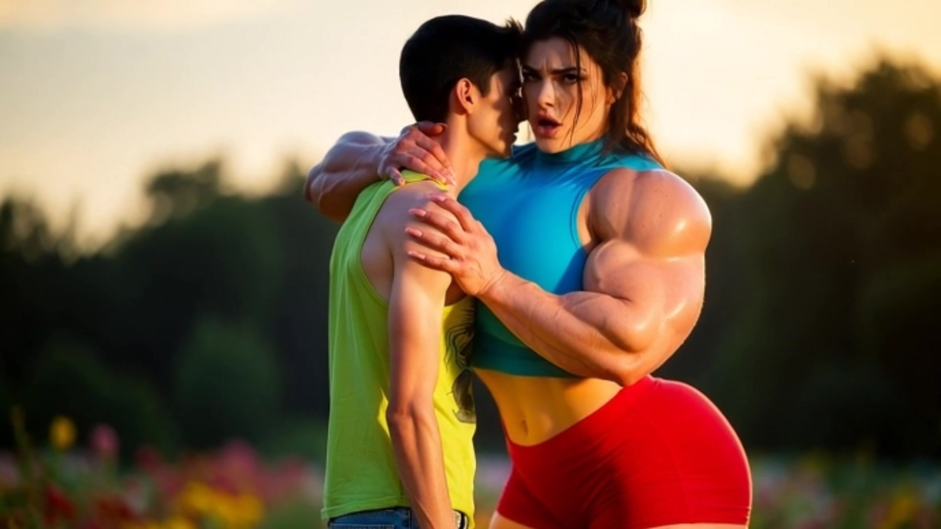 She Flexes, He Falls: Seductive Exercise #womanstrength #femalemuscle #liftcarry