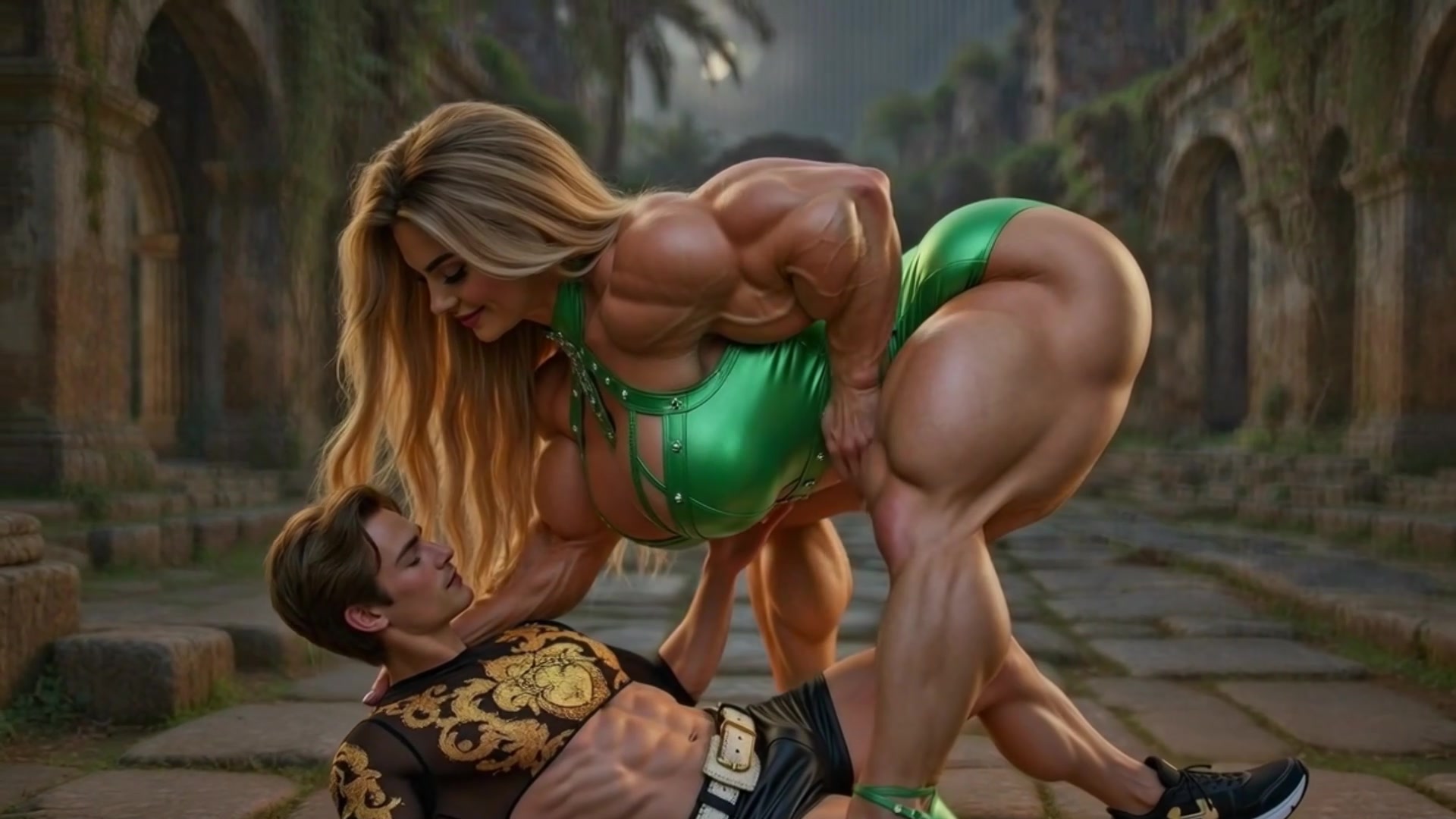 Tall Muscular Woman Seduces, Man Handles and Teases a Weak Man