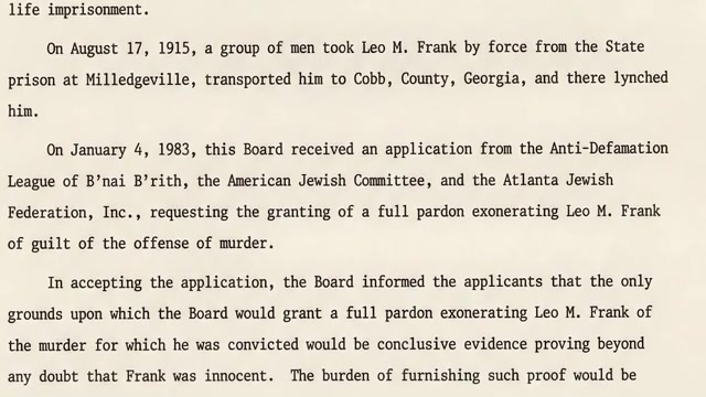 Decision of the Georgia State Board of Pardons and Paroles Denying Exoneration to Leo Frank, Issued December 22, 1983, Relating to the 1913 Strangulation Murder of Mary Phagan