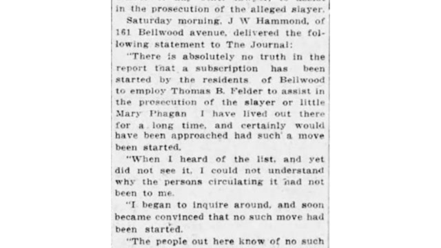 Saturday, 24th May 1913 Residents of Bellwood Ask The Journal to Say That Mr. Felder Was Not Employed by Them