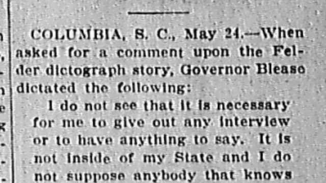 Saturday, 24th May 1913 Blease Ironic in Comments on Felder Trap