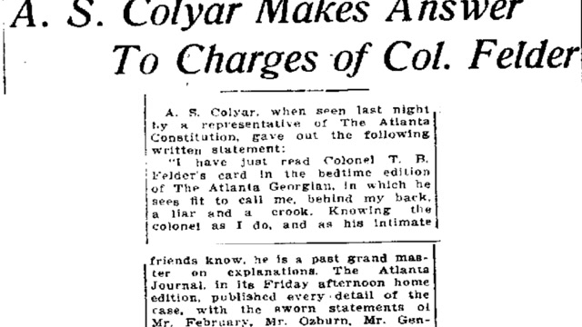 Saturday, 24th May 1913 A. S. Colyar Makes Answer to Charges of Col. Felder