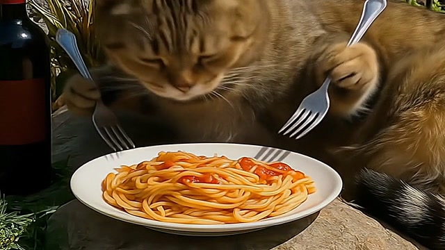 CAT EATING SPAGHETTI
