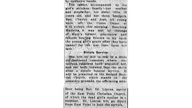 Tuesday, 29th April 1913 Former Play mates Meet Girl’s Body at Marietta