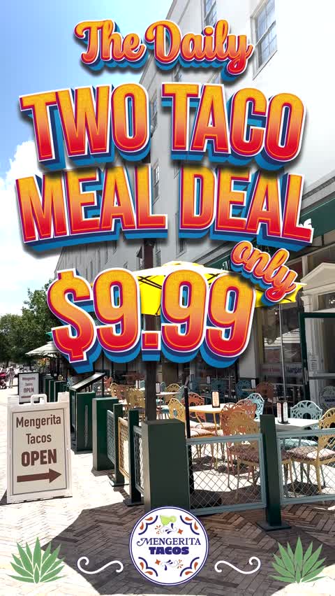 Introducing The Daily Two Taco Meal Deal at Mengerita Tacos for just $9.99! 🌮🌮 Get any two (2) tacos of your choosing plus a side of rice & beans and a regular drink right on Alamo Plaza for a great price! 💥 All day. Everyday. (Except for when we're closed on Mondays!) 🍽 