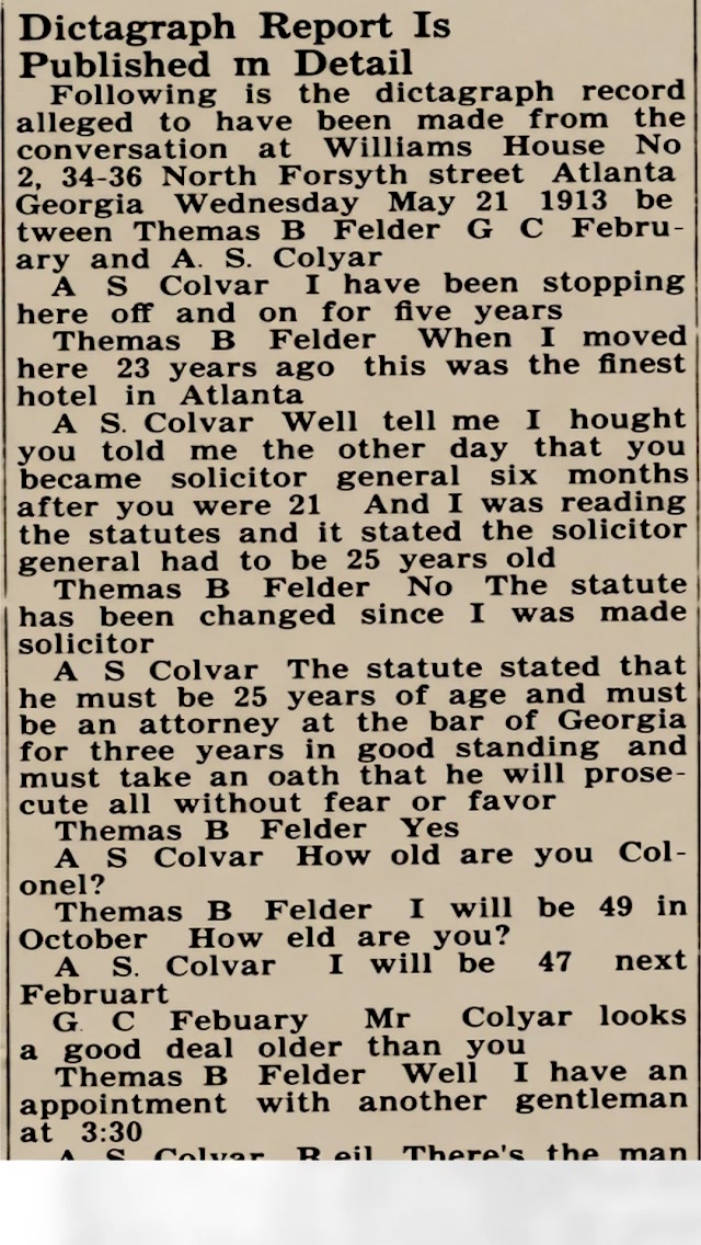 Saturday, 24th May 1913 Felder is Charged with Bribe Offer for Phagan Papers